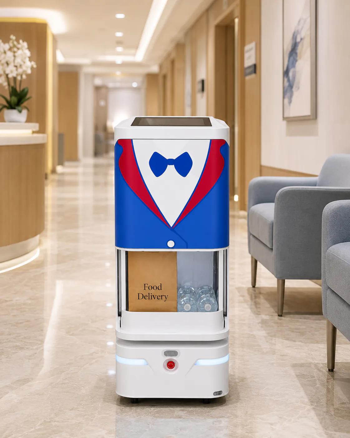 YUMA carrying food and bottled water through a hotel guest corridor