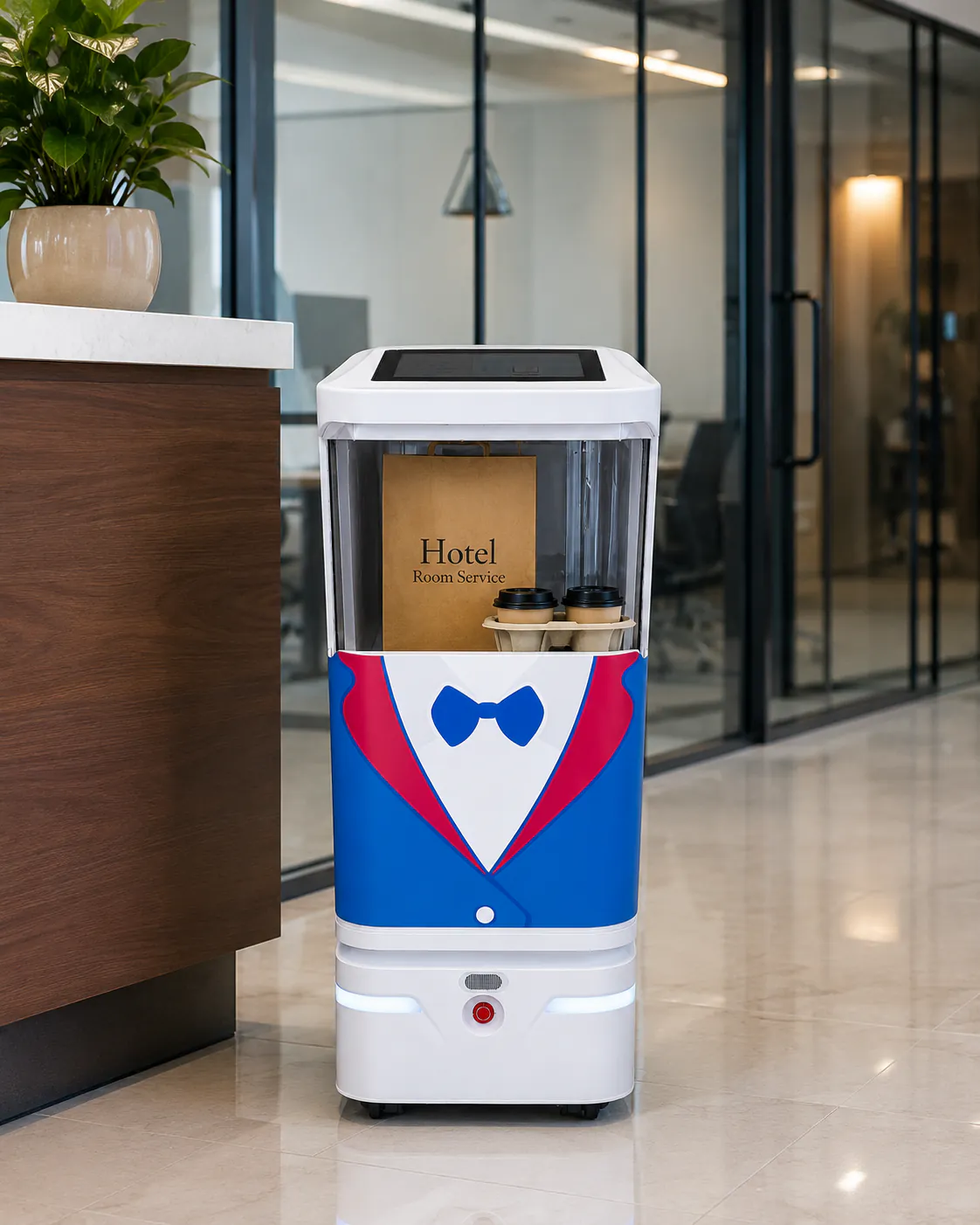 YUMA delivering room service beside a hotel reception desk