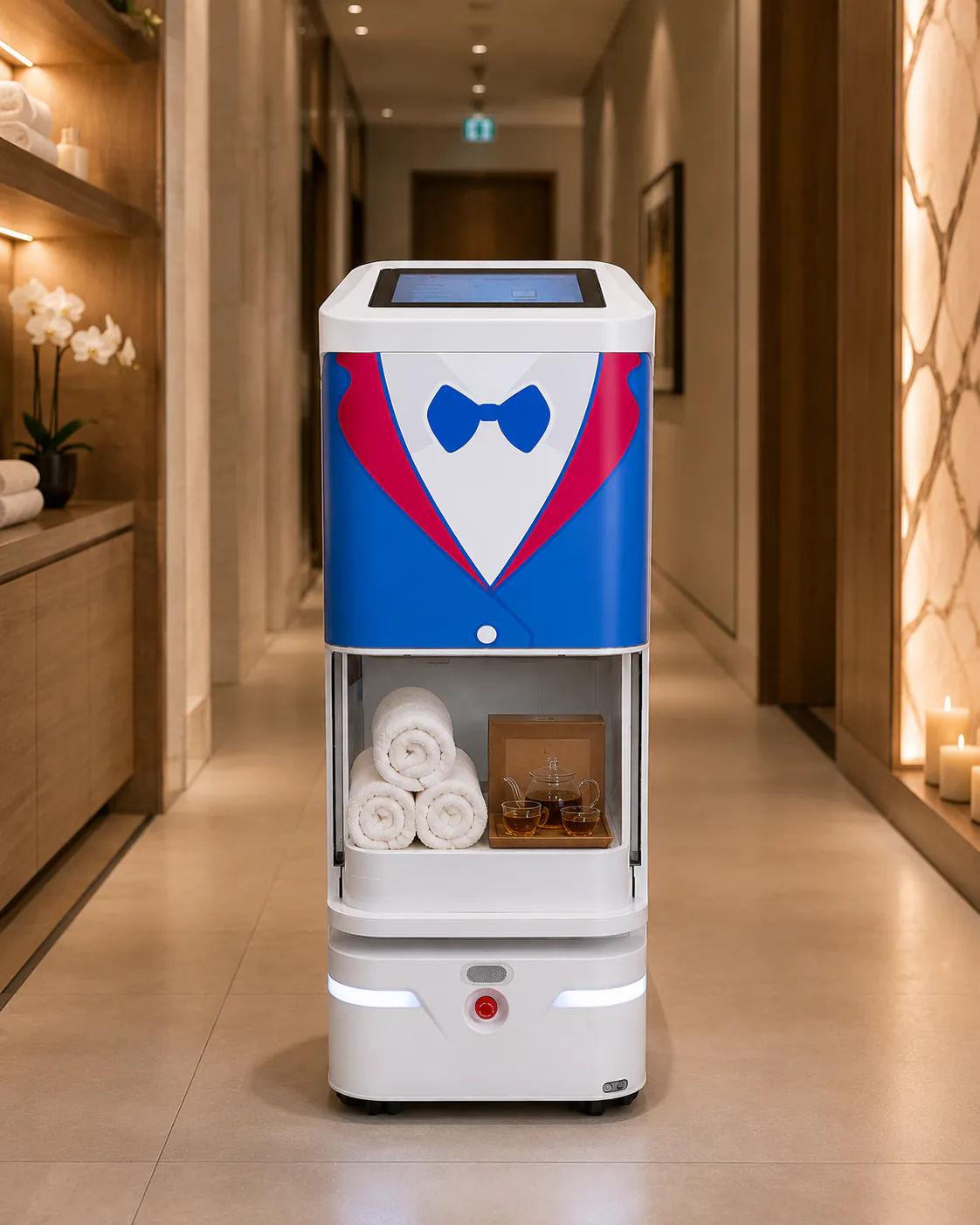 YUMA carrying towels and tea through a hotel spa corridor