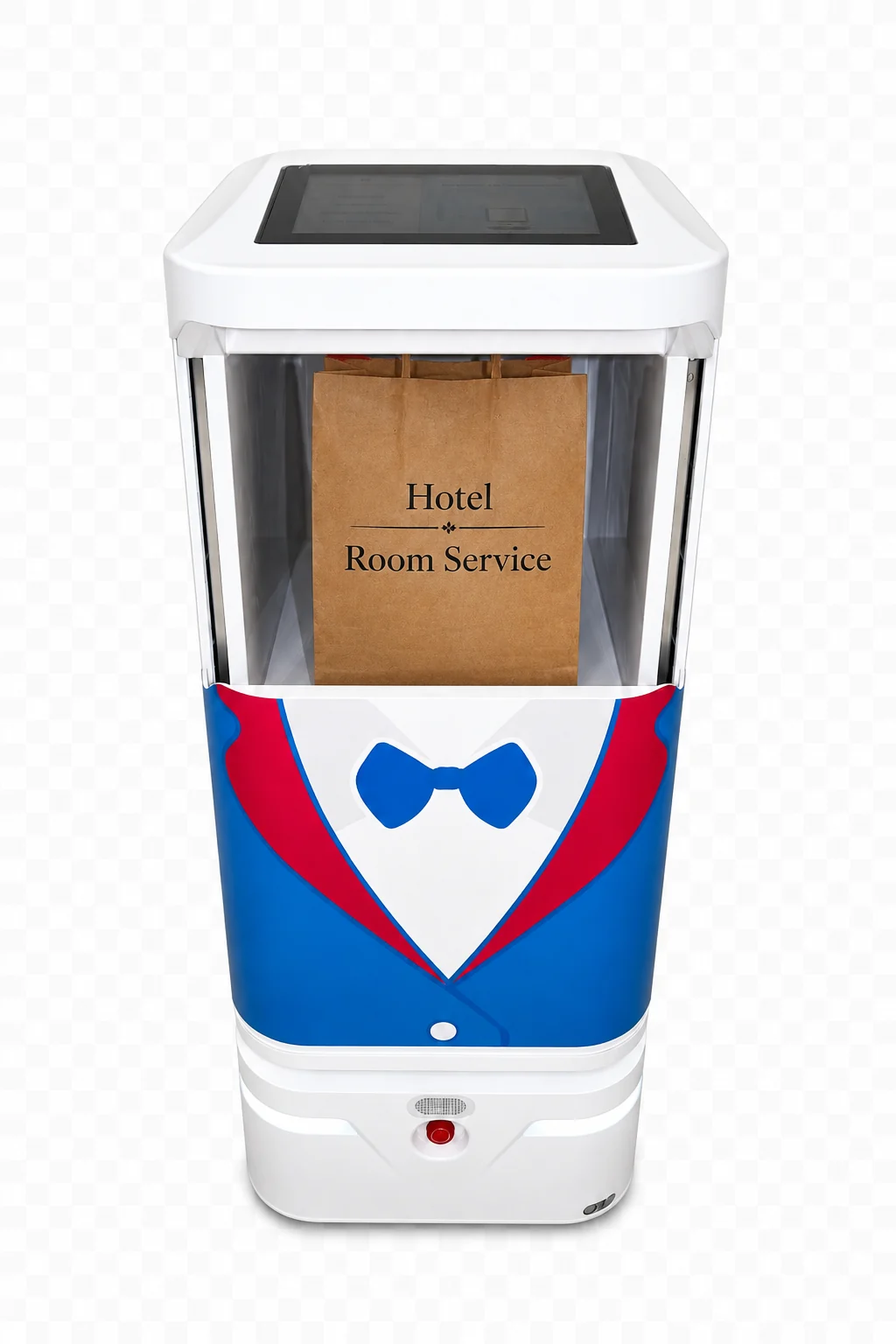 Front view of YUMA carrying a hotel room-service bag