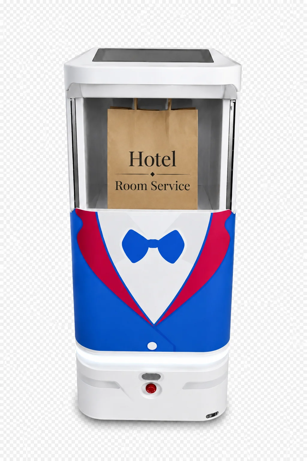 YUMA hotel service robot with room-service items in its upper cabin