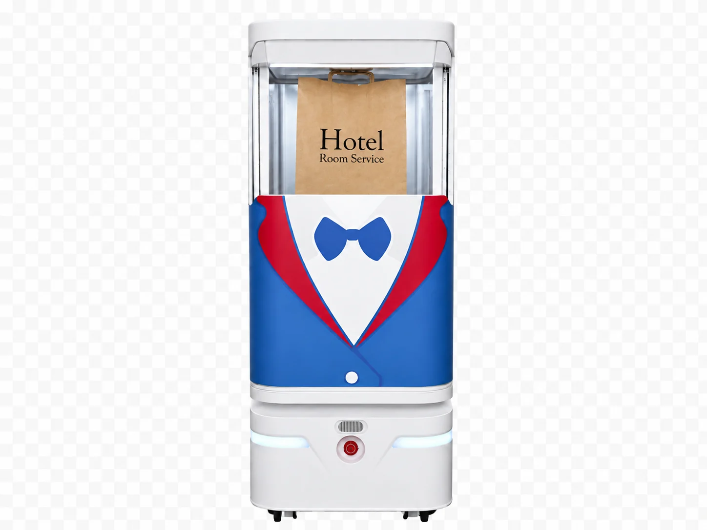 YUMA hotel robot with its upper delivery compartment open and a room-service bag inside